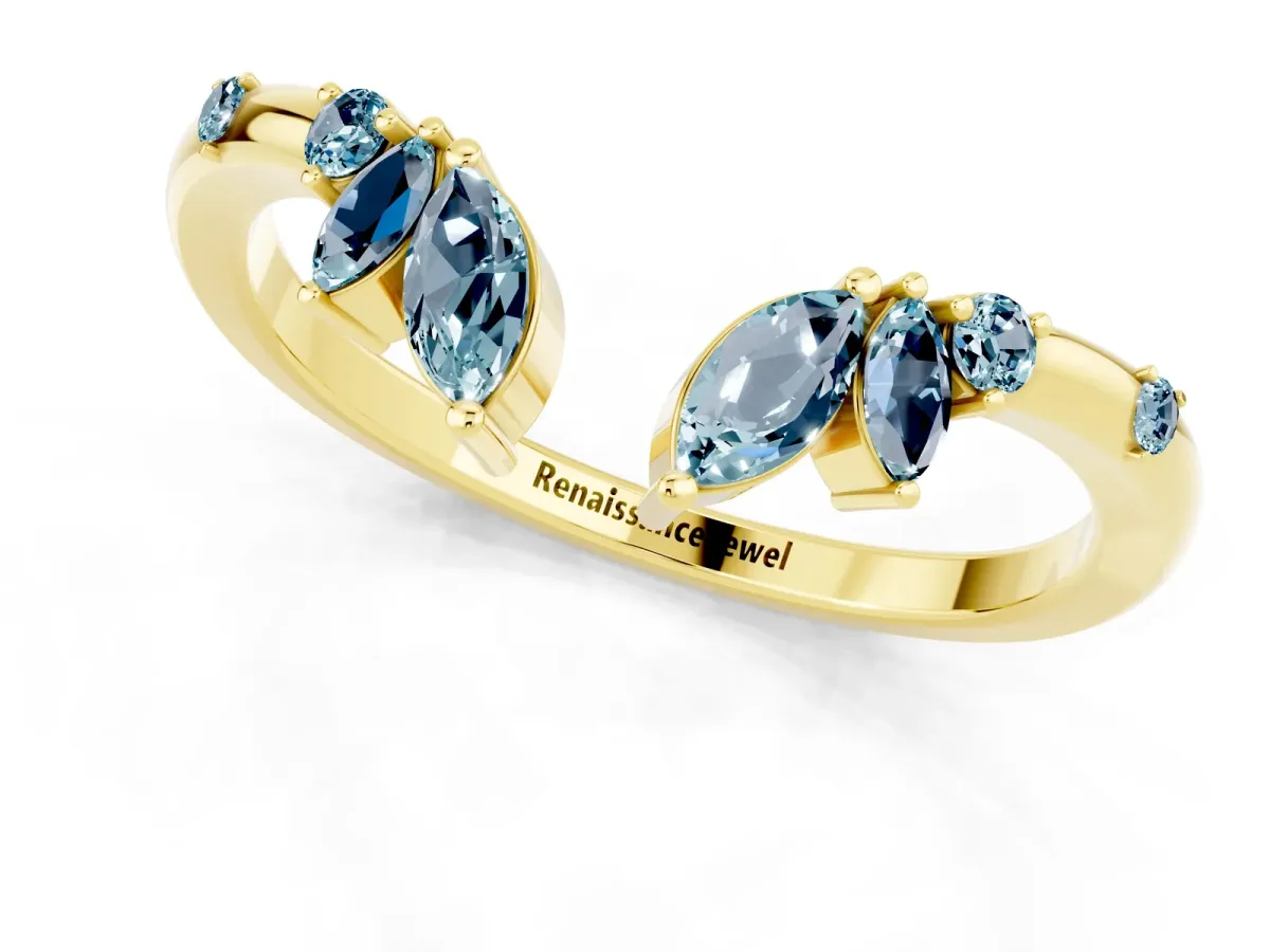 Open Marquise Cluster Aquamarine Band with Prong Setting Yellow gold