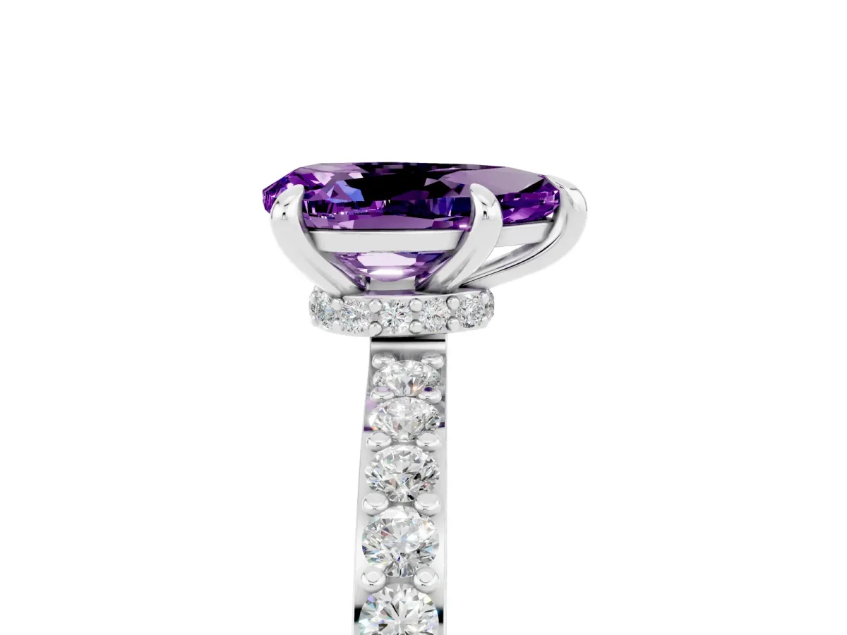 Pear Cut Amethyst Solitaire Engagement Ring with Pavé Band and Four-Prong Setting Silver