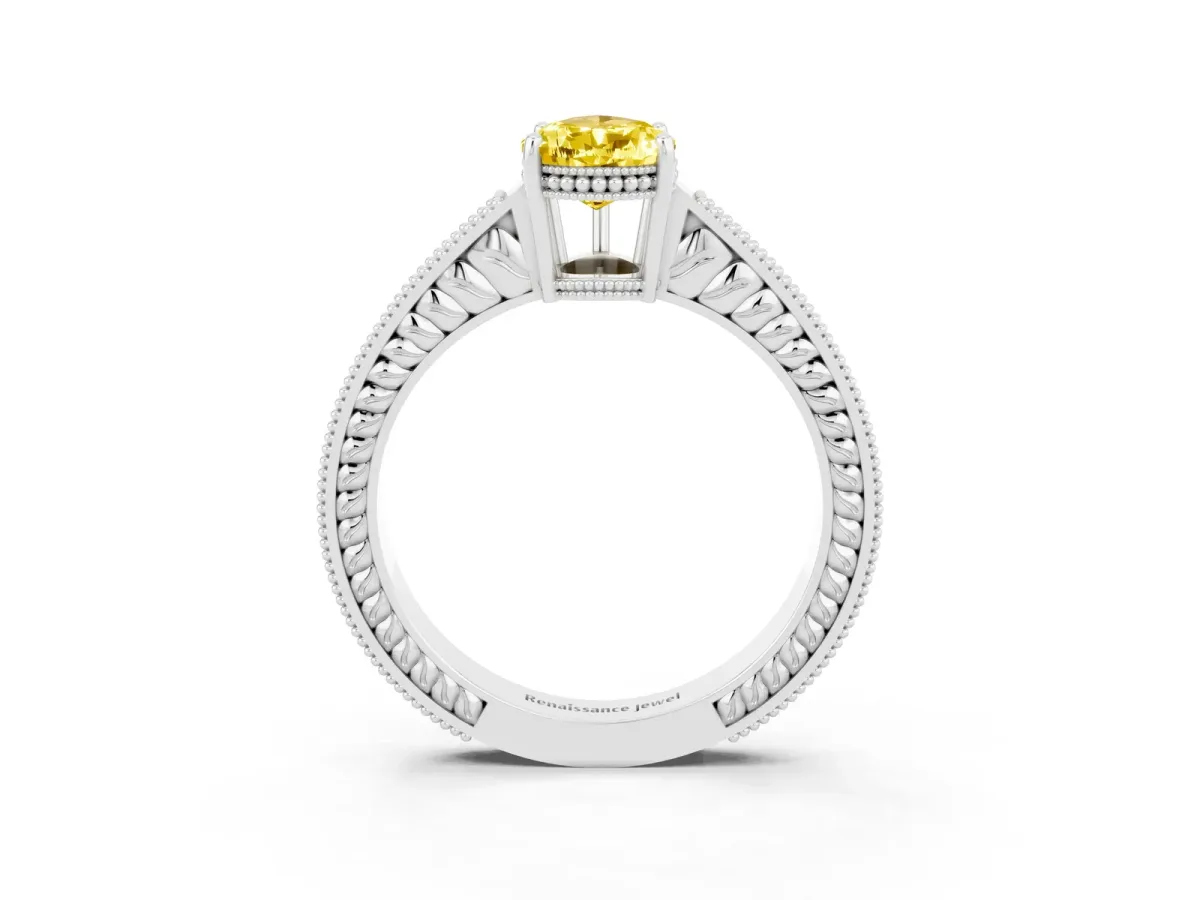 Pear Cut Yellow Sapphire Ring with Milgrain Pavé Band and Four-Prong Setting Platinum