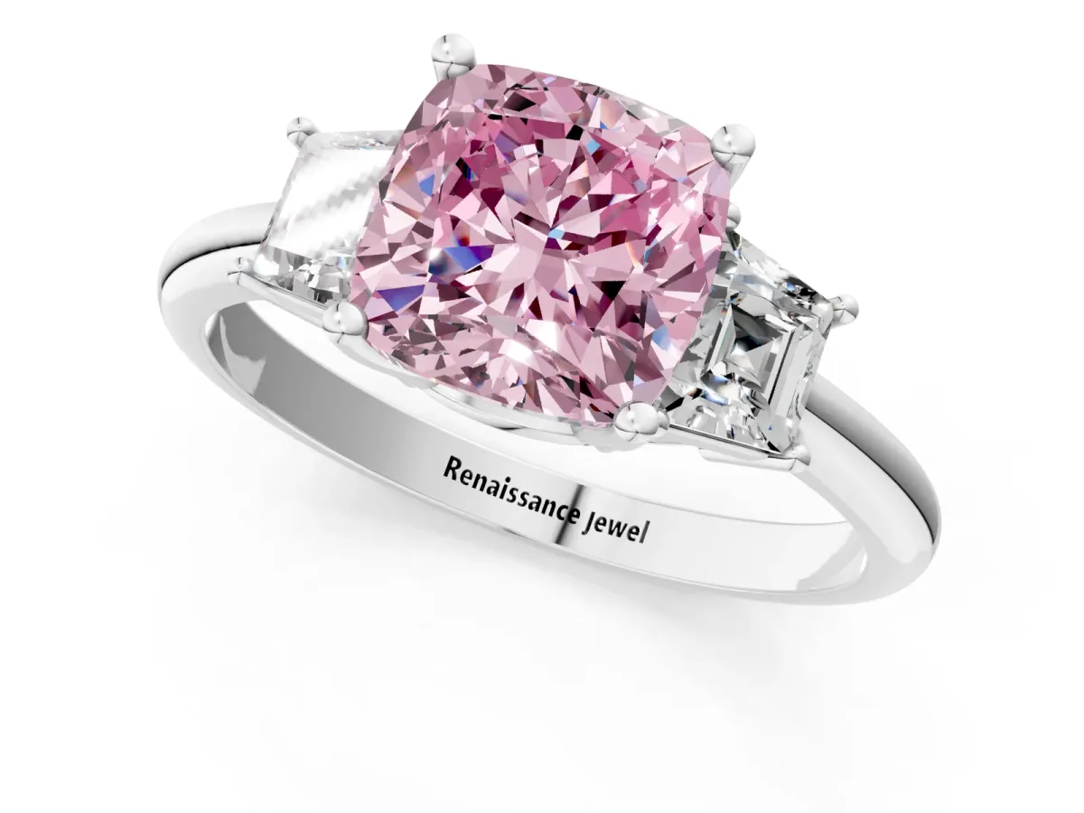 Fancy Pink Cushion Cut Diamond Three-Stone Ring with Trapezoid Side Stones and Prong Setting Silver