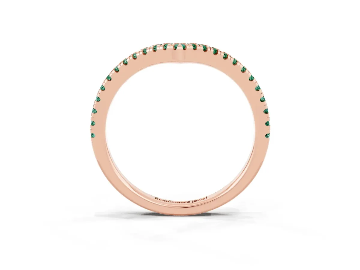Pavé Round Green Sapphire V-Shaped Chevron Band with Shared Prong Setting Rose gold