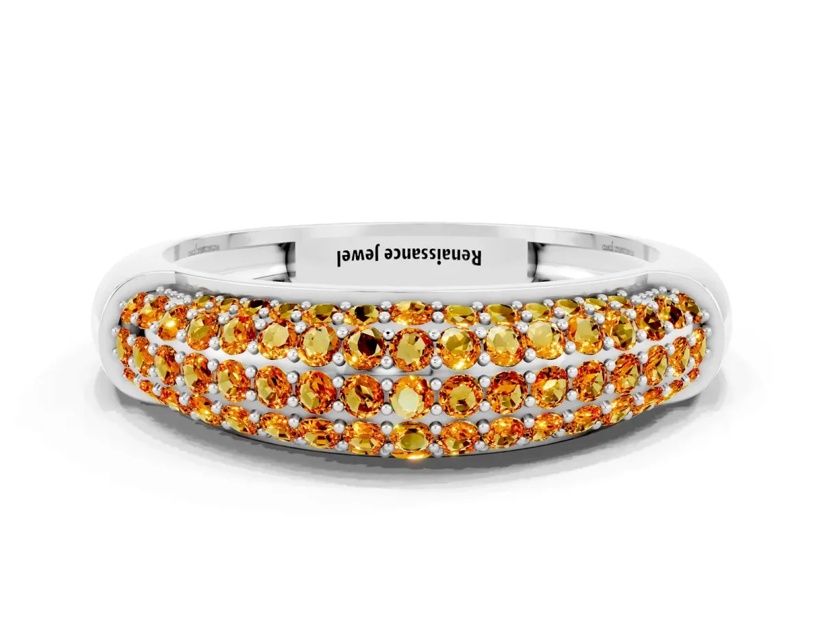 Three-Row Pavé Round Citrine Dome Band Silver