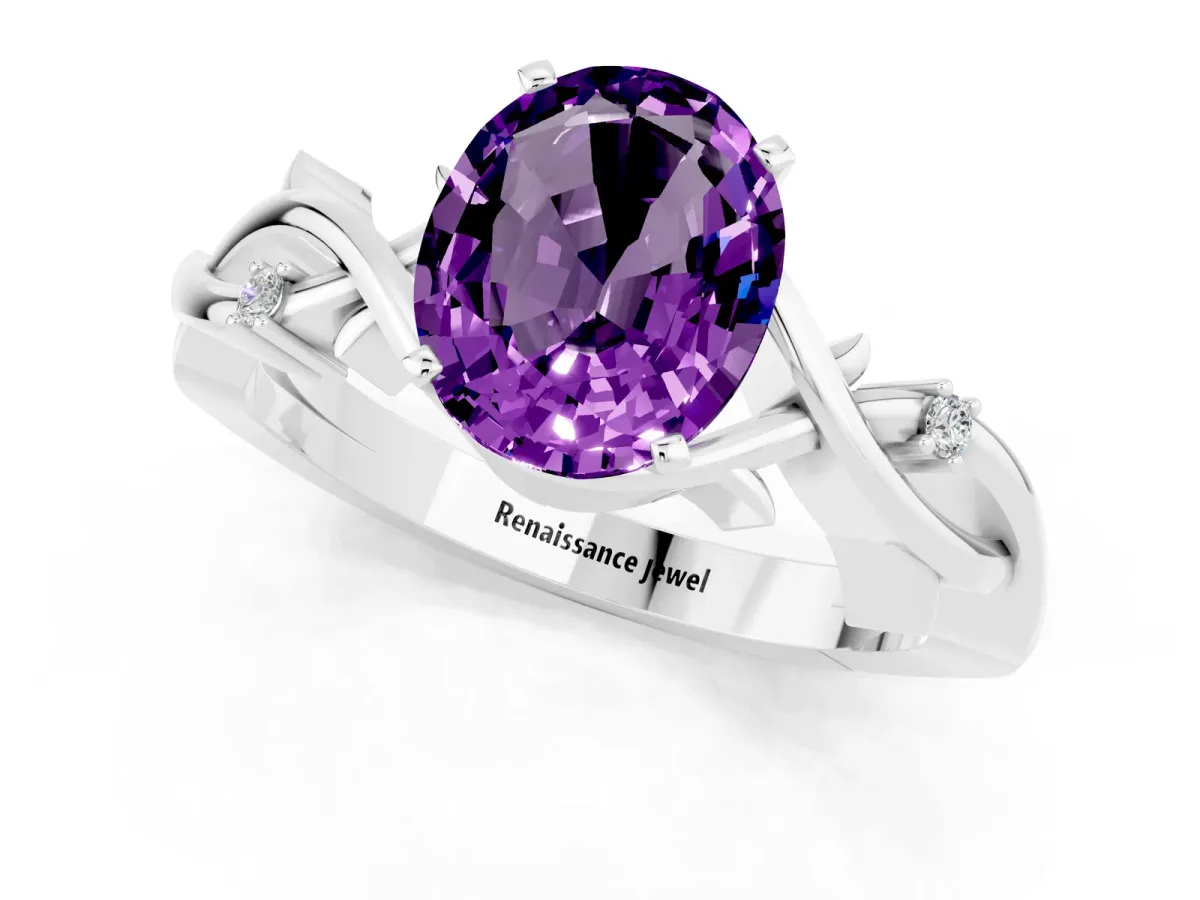 Oval Cut Amethyst Solitaire Ring with Twisted Band and Prong Setting White gold