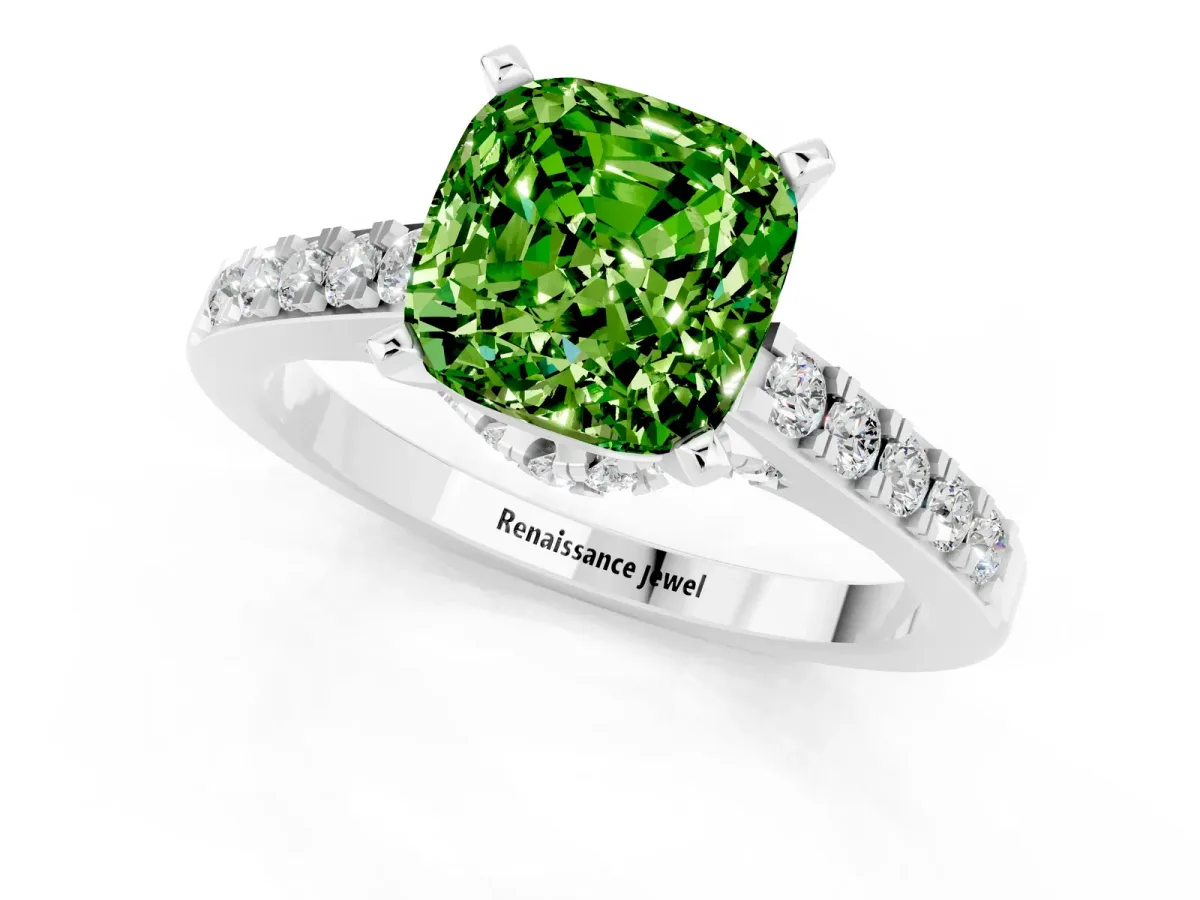 Cushion Cut Peridot Solitaire Ring with Crossover Gallery and Round Pavé Band Silver
