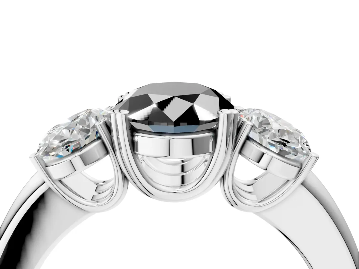 Fancy Black Three-Stone Oval Cut Cut Diamond Ring with Channel Set Band and Four-Prong Setting Silver
