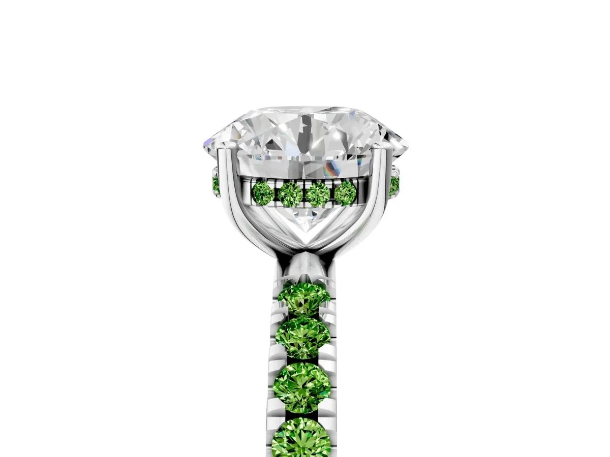 Round Cut Diamond Pave Band Solitaire Ring with Round Peridot and Prong Setting Silver