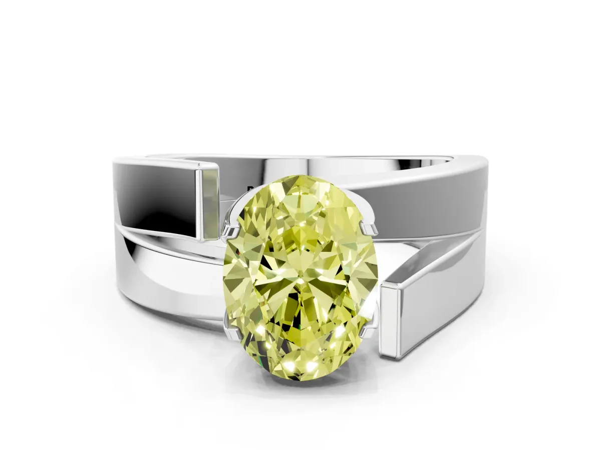 Fancy Yellow Modern Tension Set Oval Cut Diamond Solitaire Wide Band Ring Silver
