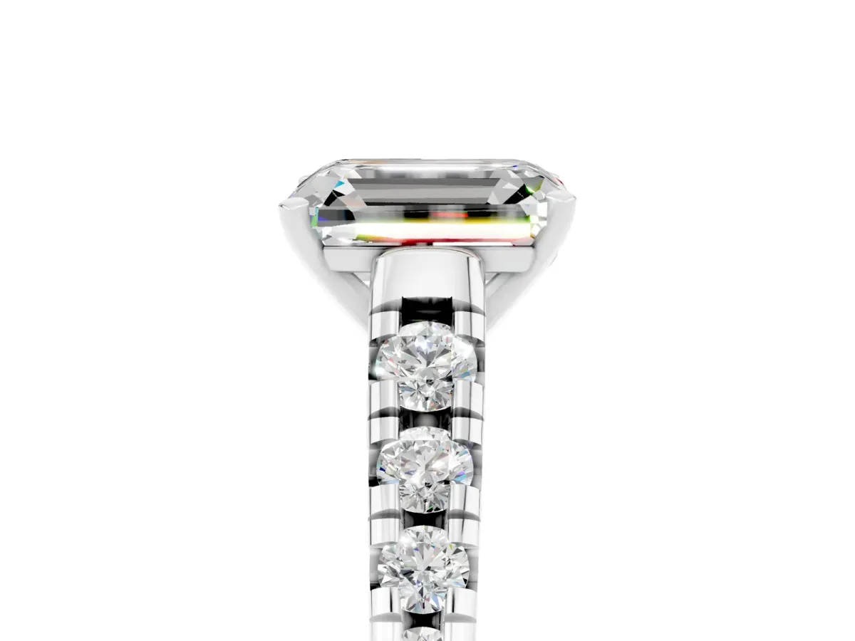 Emerald Cut Moissanite Cathedral Solitaire Ring with Round Pavé Band Platinum