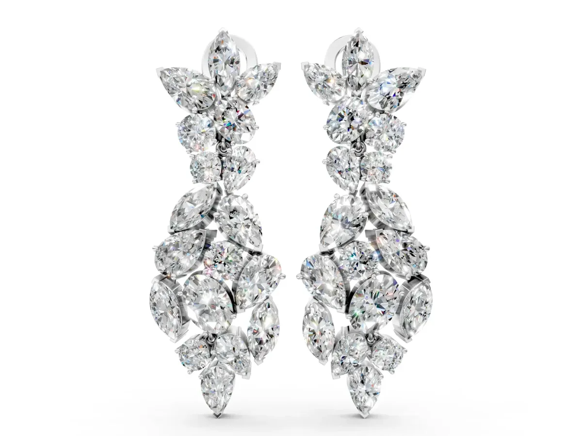 Pear, Marquise and Oval Diamond Floral Drop Earrings Silver