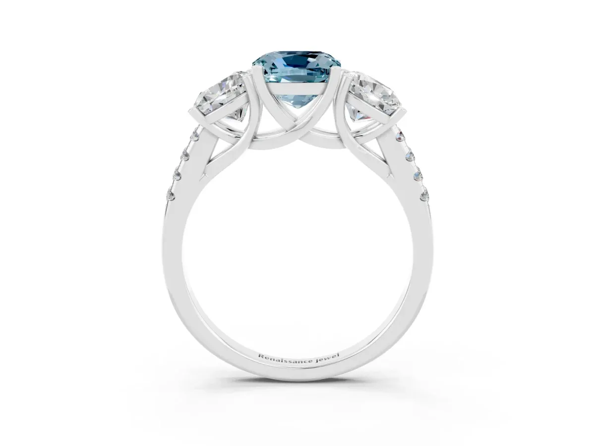 Three-Stone Cushion Cut Aquamarine Ring with Round Pavé Band and Prong Setting Silver