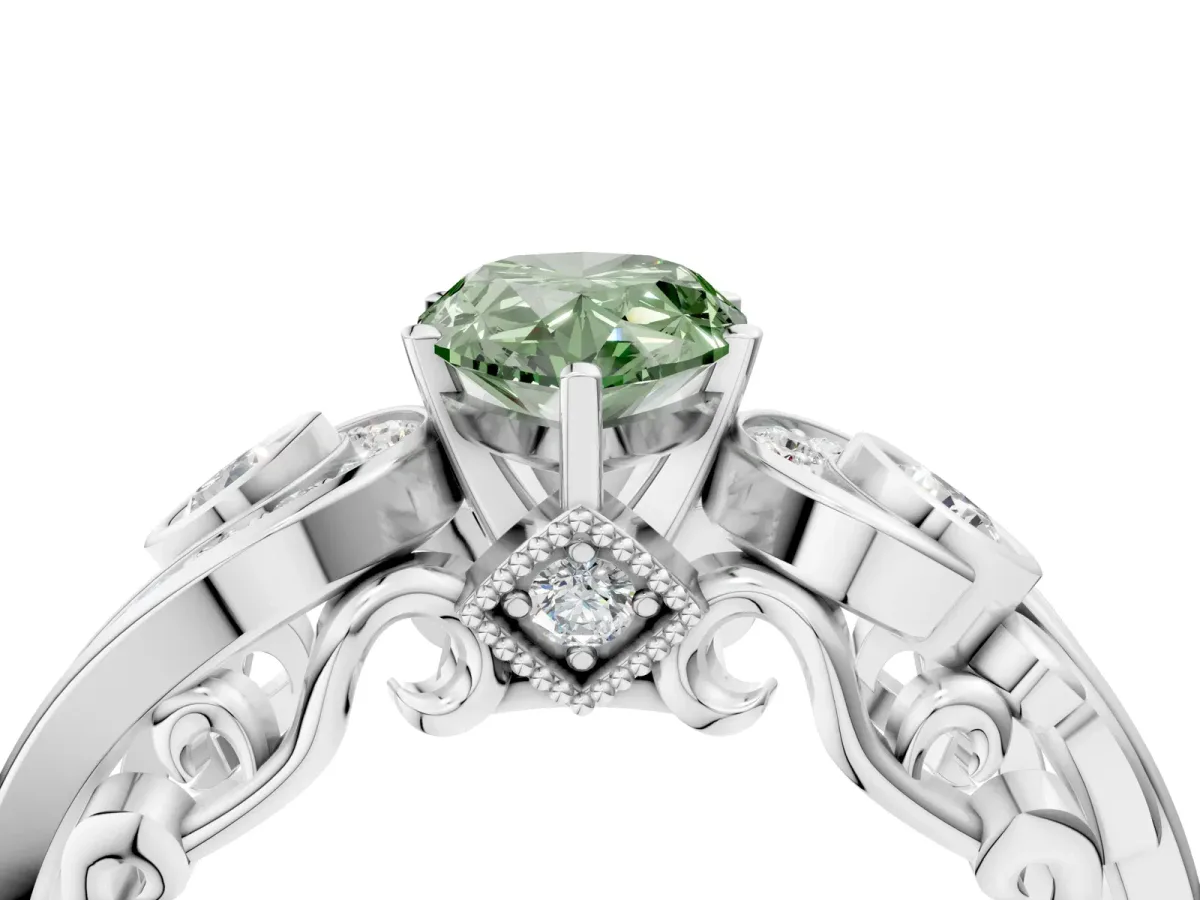 Fancy Green Pear Cut Diamond Solitaire Ring with Milgrain Pavé Band and Four-Prong Setting Silver