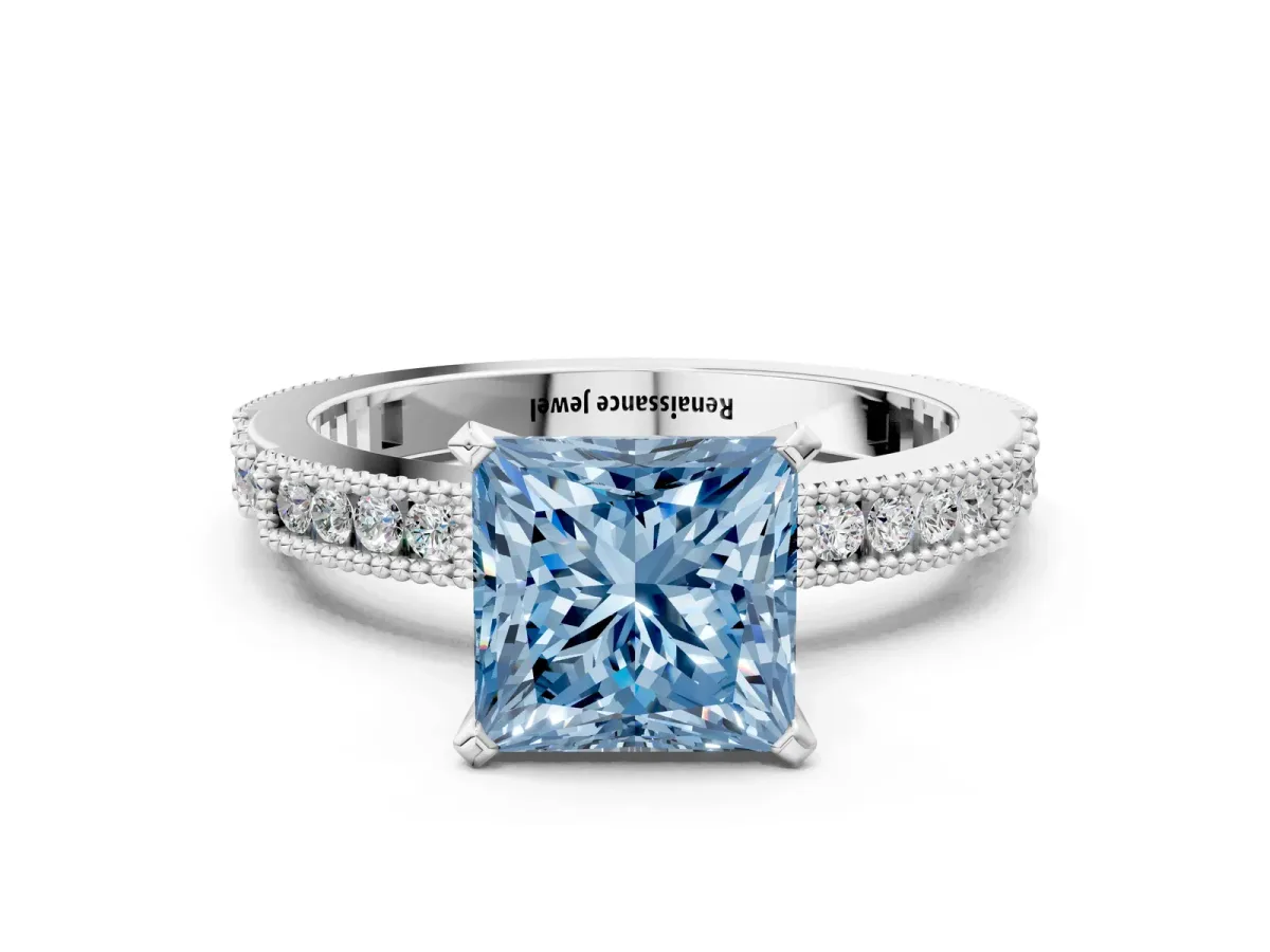 Fancy Blue Princess Cut Solitaire with Pavé Band and Four-Prong Setting Silver
