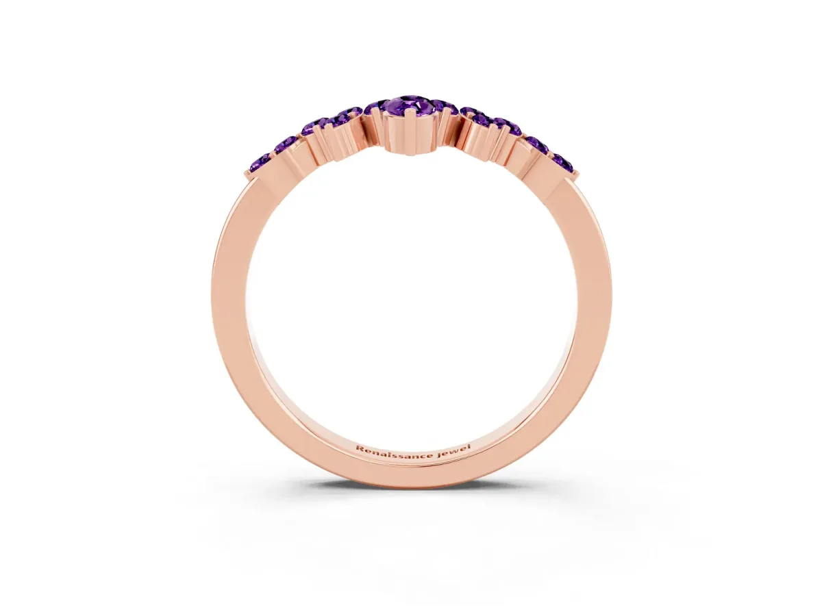 Marquise and Round Amethyst Chevron Band with Prong Setting Rose gold