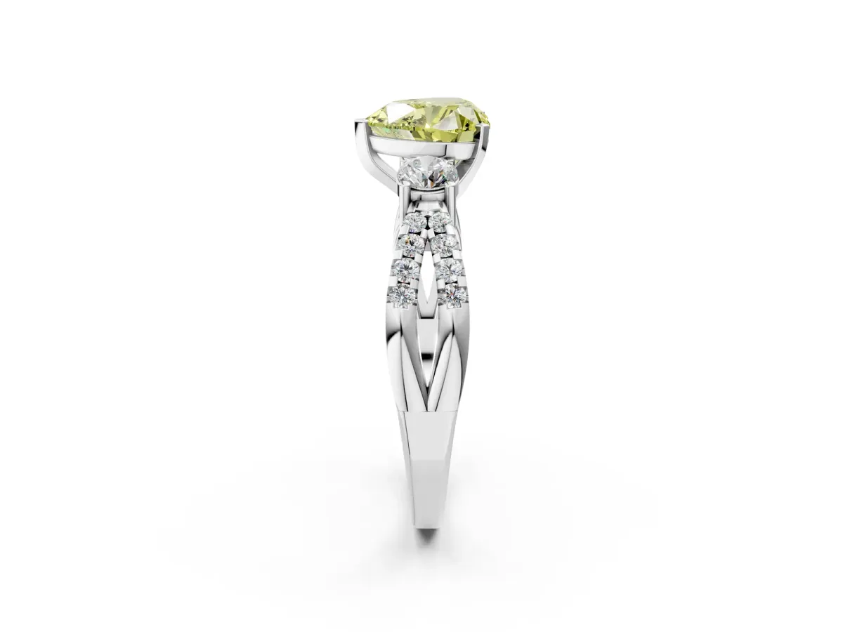 Fancy Yellow Heart Cut Diamond Three-Stone Ring with Pavé Split Shank and Four-Prong Setting White gold