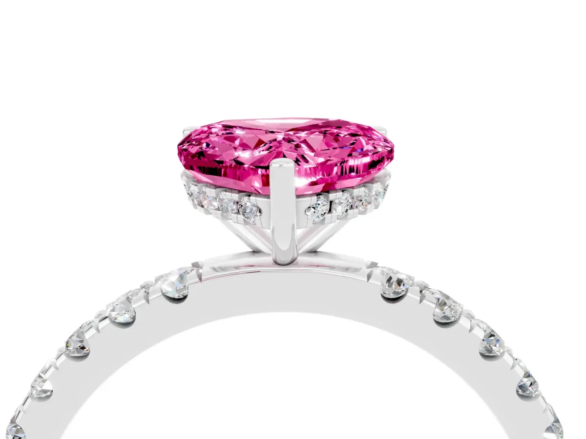 Heart Cut Pink Sapphire Pave Band Solitaire Ring with Round and Prong Setting Silver