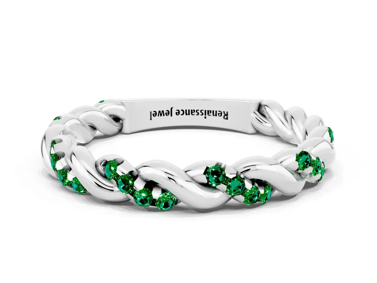 Twisted Pavé Round Emerald Eternity Band White gold