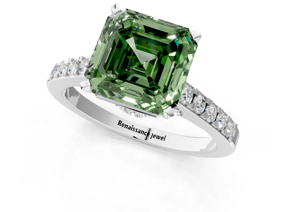 Fancy Green Asscher Cut Diamond Solitaire Ring with Crossover Gallery and Round Pavé Band Silver