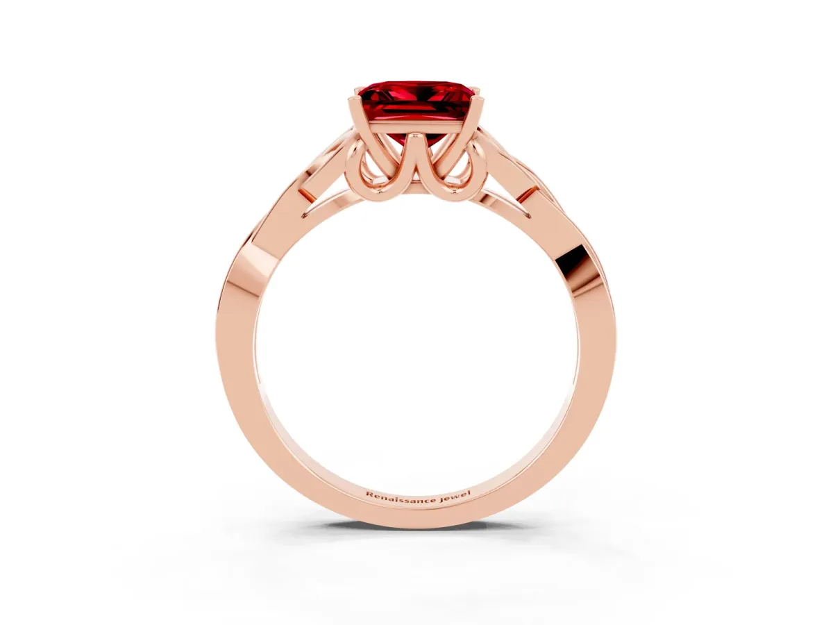 Princess Cut Ruby Solitaire Celtic Knot Ring with Four-Prong Setting Rose gold
