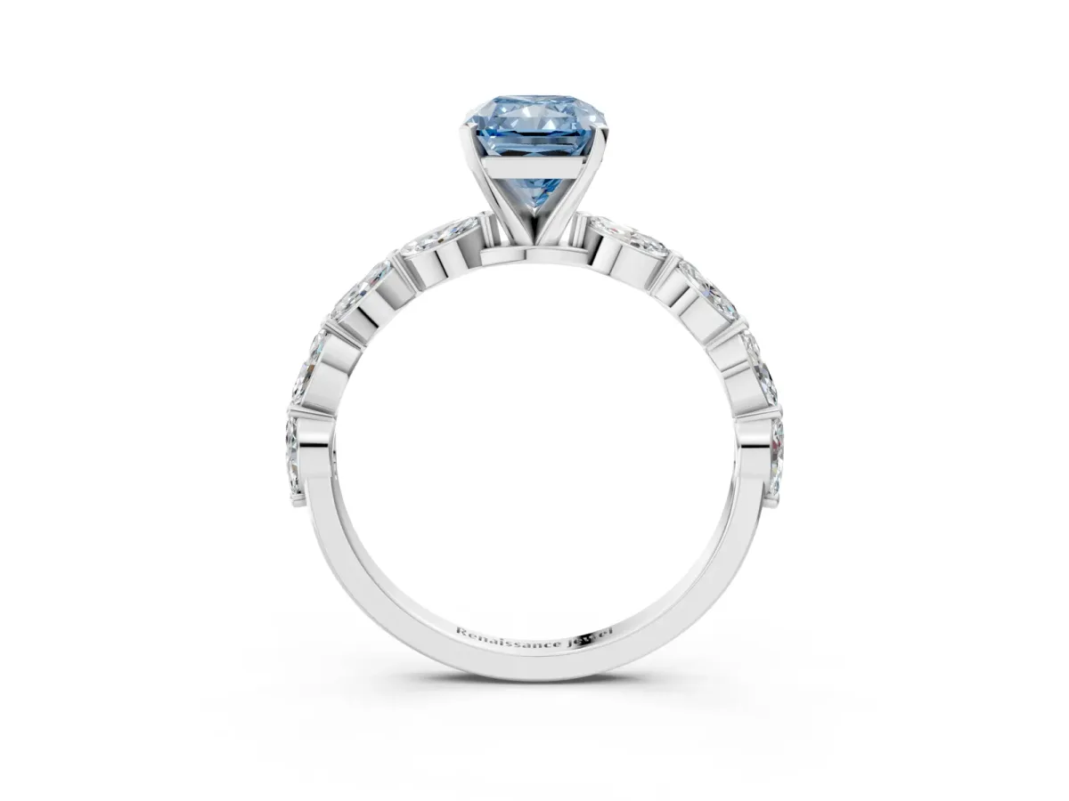 Fancy Blue Radiant Cut Diamond Ring with Marquise Side Stones and Prong Setting Platinum