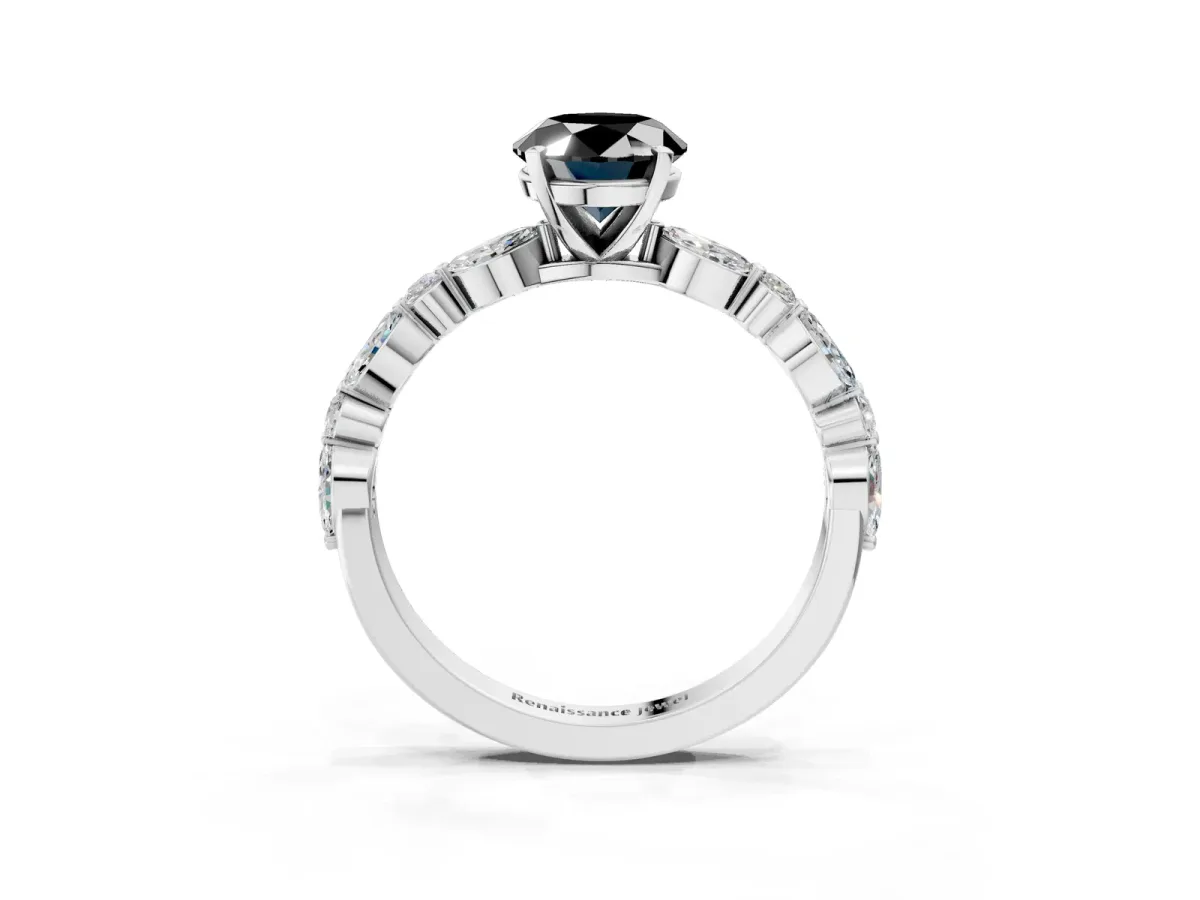 Fancy Black Oval Cut Diamond Ring with Marquise and Round Side Stones and Four-Prong Setting Silver
