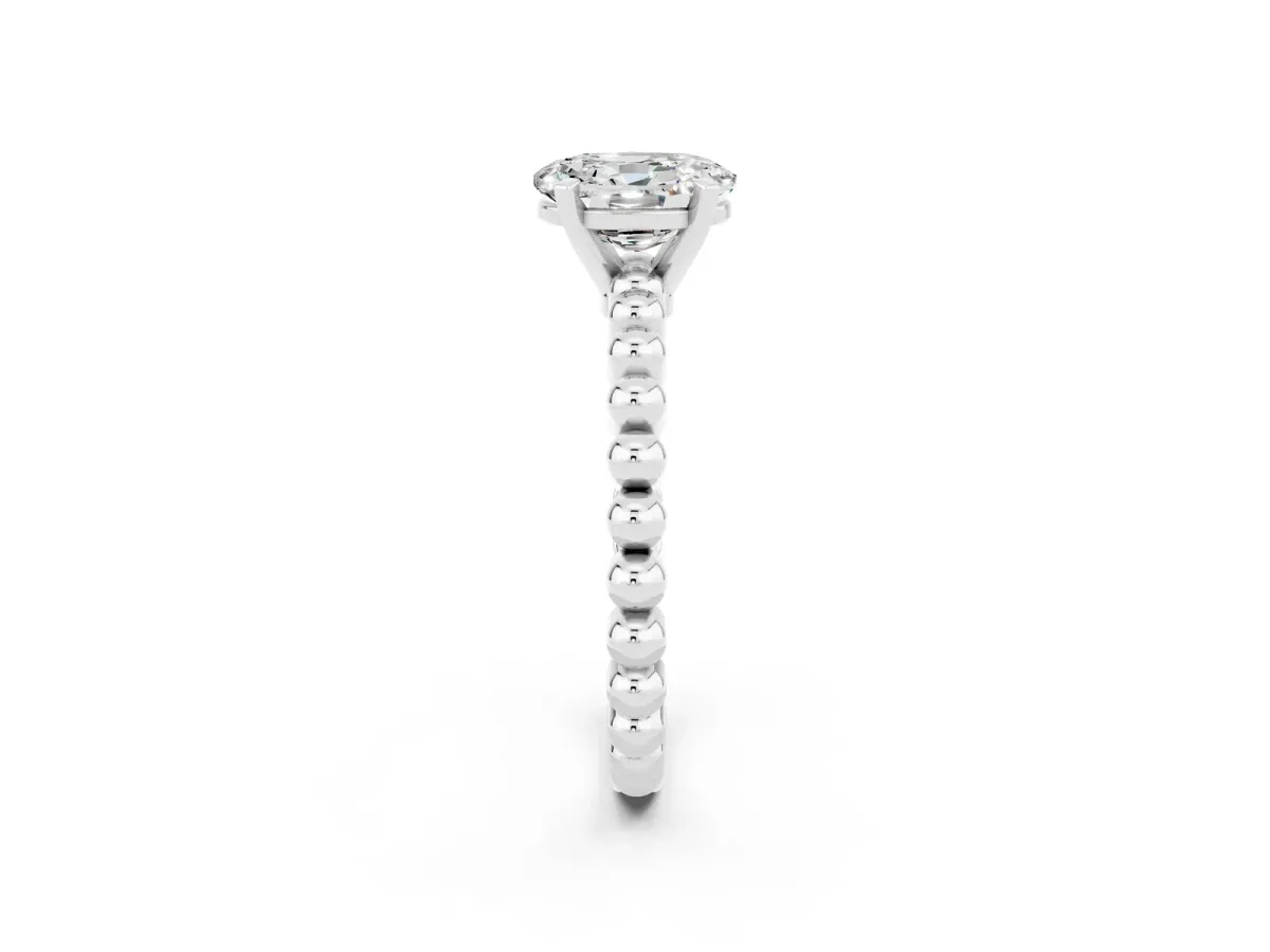 Oval Cut Moissanite Solitaire Ring with Beaded Band and Prong Setting Silver