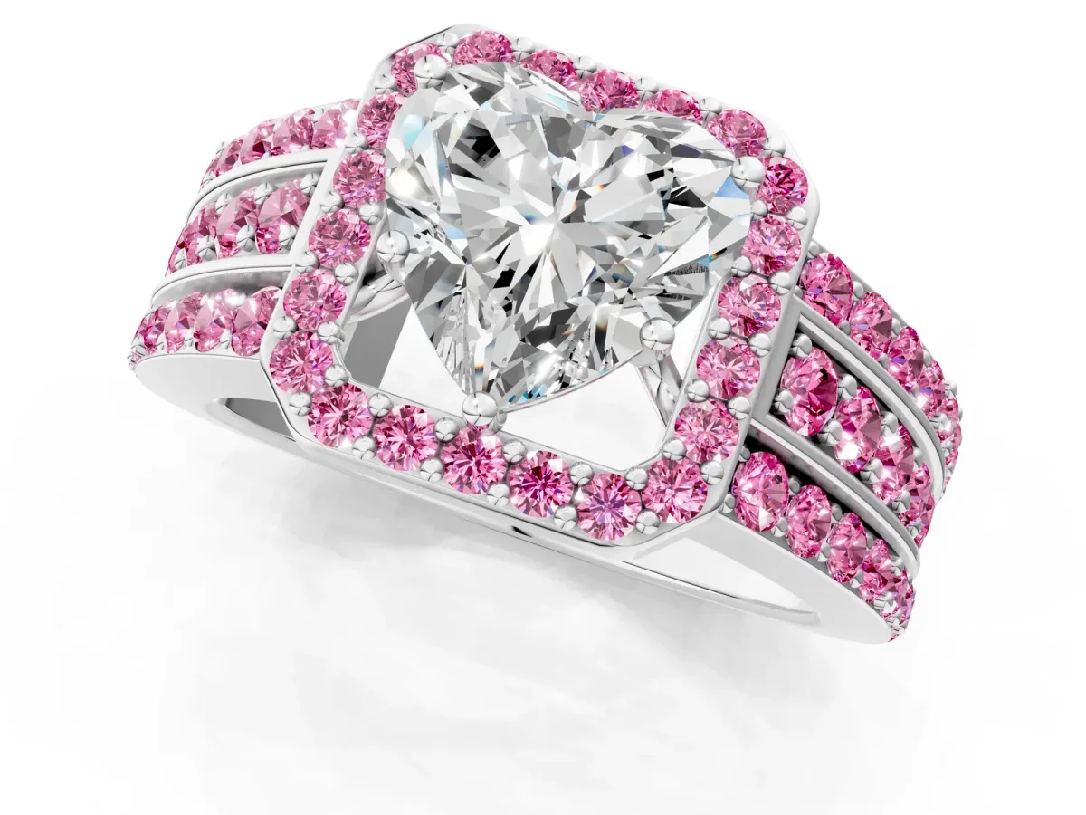 Heart Cut Halo Diamond Ring with Round Pink Sapphire Split Shank and Prong Setting Silver