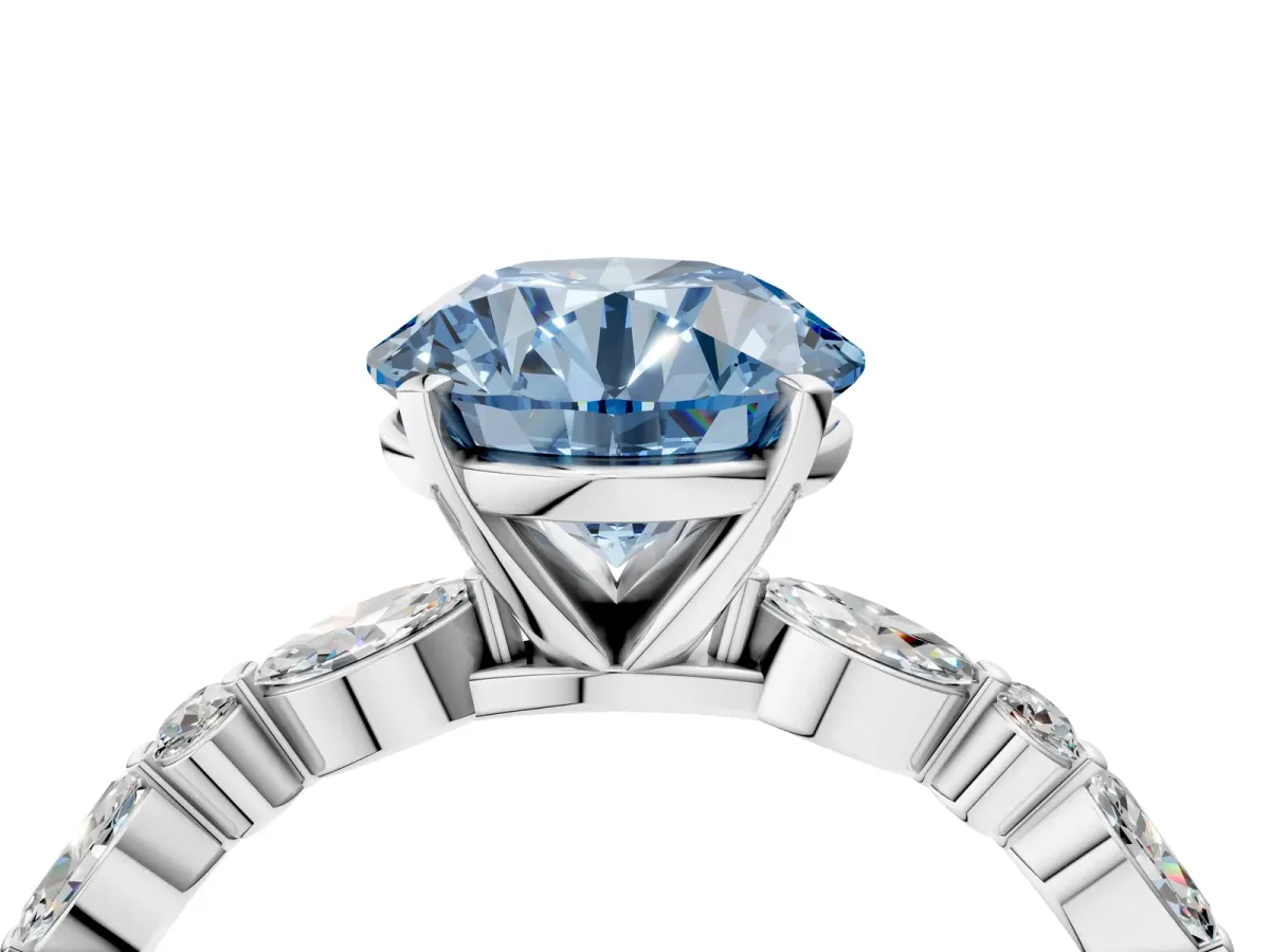 Fancy Blue Round Cut Diamond Ring with Marquise and Round Side Stones and Four-Prong Setting Silver