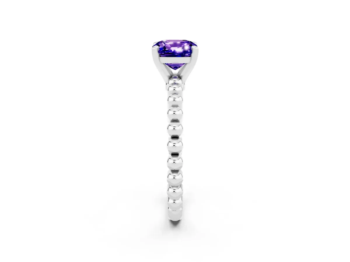 Cushion Cut Tanzanite Solitaire Ring with Beaded Band and Prong Setting Platinum