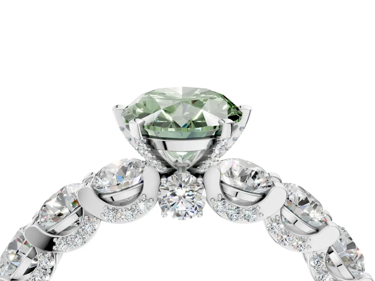 Fancy Green Oval Cut Diamond Side Stone Engagement Ring with Four-Prong Setting White gold