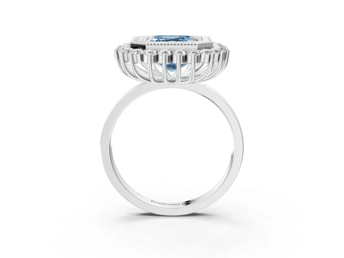 Fancy Blue Asscher Cut Halo Diamond Ring with Milgrain Edge and Round Prong Setting Platinum