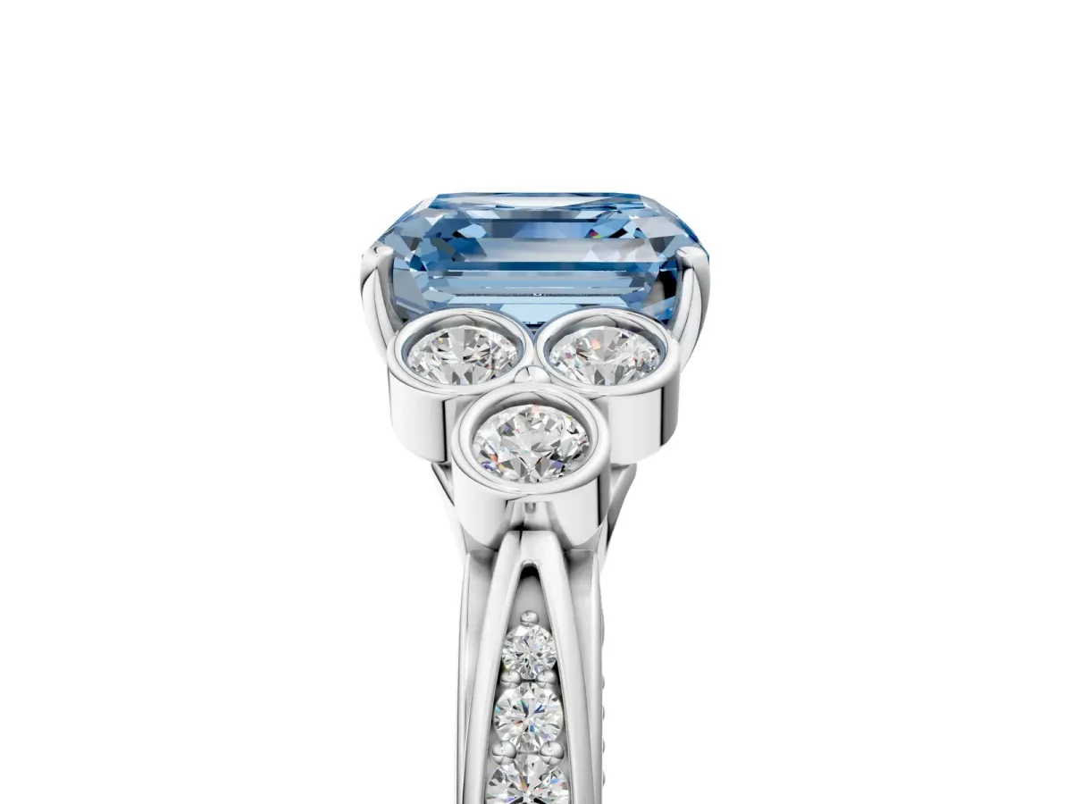 Fancy Blue Asscher Cut Cut Diamond Engagement Ring with Bezel Set Round Side Stones and Prong Setting Platinum