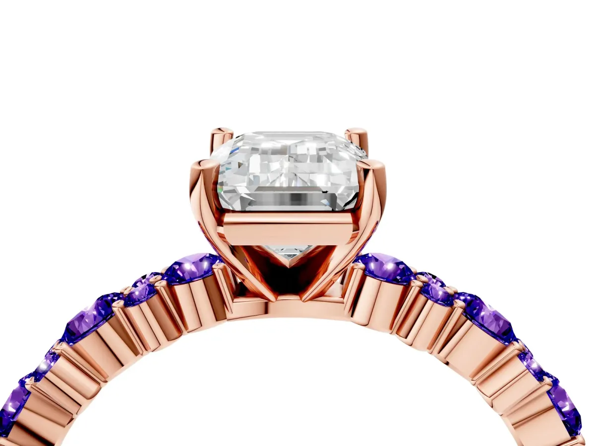 Emerald Cut Diamond Side Stone Solitaire Ring with Round Tanzanite and Four-Prong Setting Rose gold