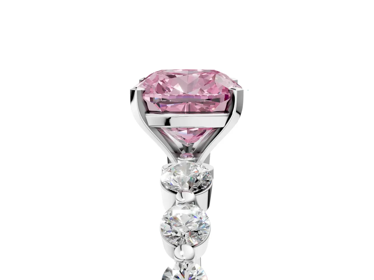 Fancy Pink Cushion Cut Solitaire Diamond Ring with Pave Band and Four-Prong Setting Silver
