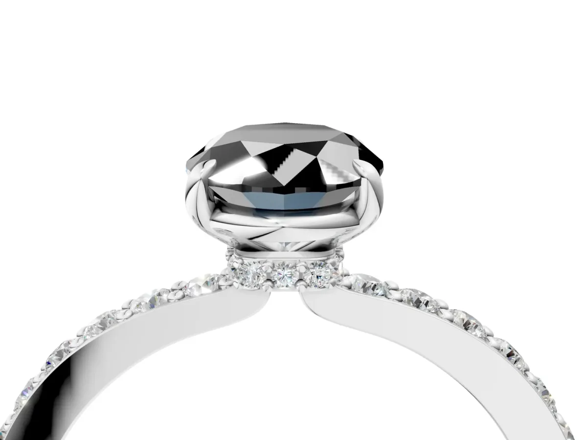 Fancy Black Oval Cut Diamond Solitaire Engagement Ring with Pavé Band and Four-Prong Setting Silver