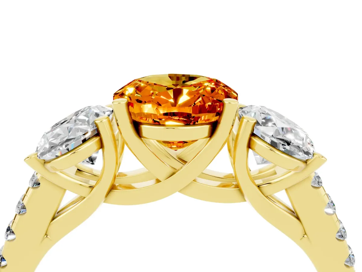 Three-Stone Oval Cut Citrine Ring with Round Pavé Band and Prong Setting Yellow gold