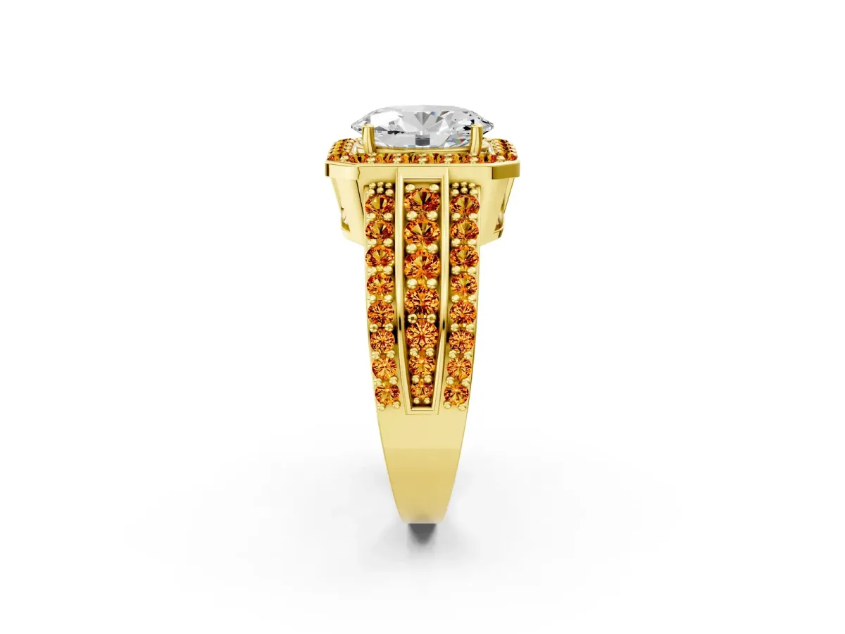 Oval Cut Halo Diamond Ring with Round Citrine Split Shank and Prong Setting Yellow gold