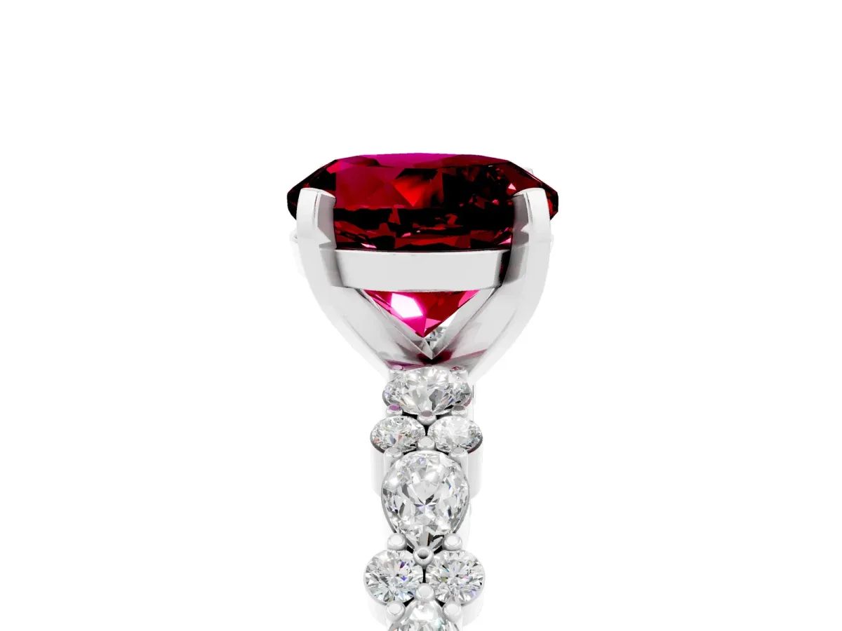 Round Cut Garnet Side Stone Solitaire Ring with Round and Four-Prong Setting White gold