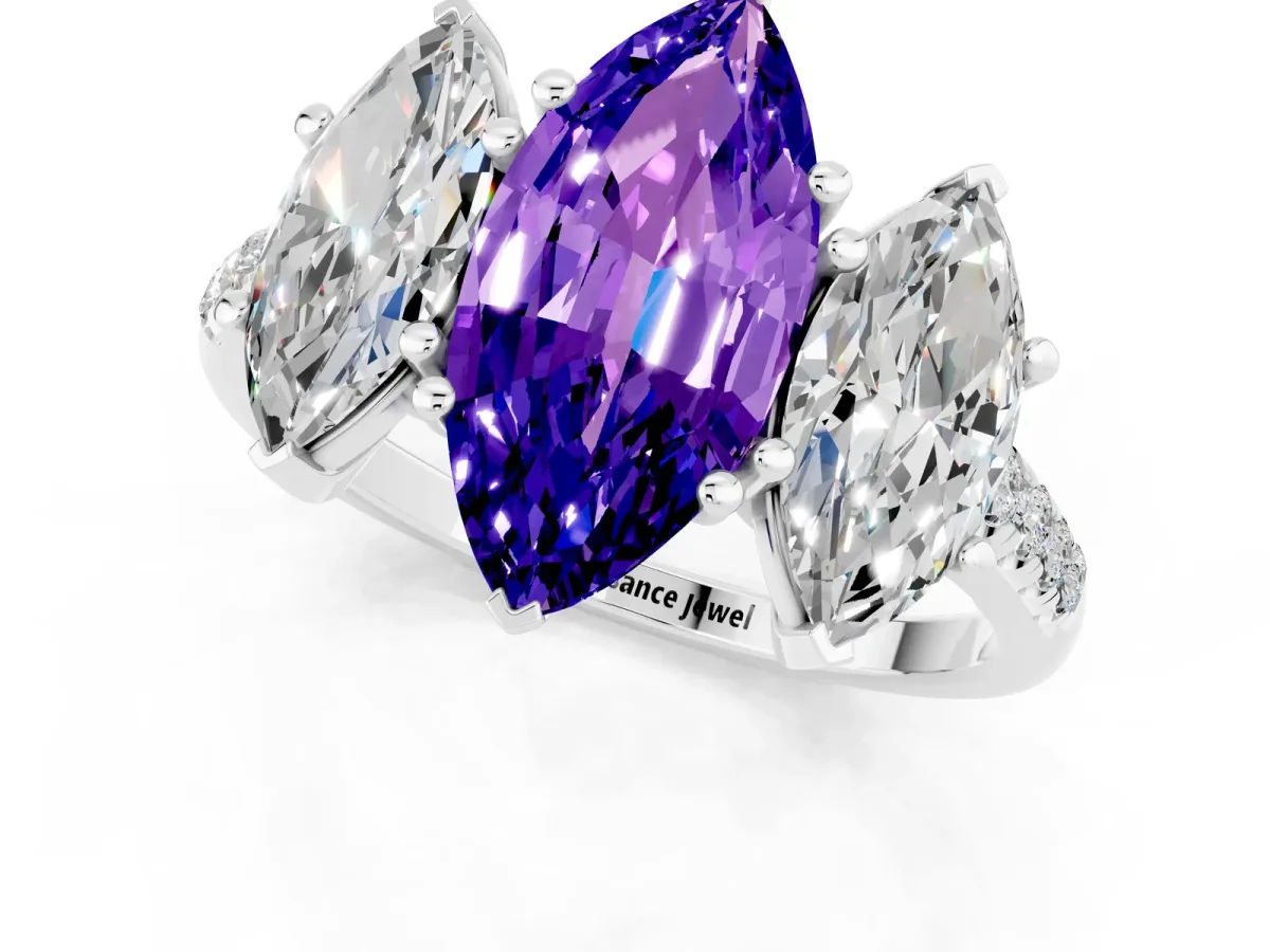 Three-Stone Marquise Cut Tanzanite Ring with Round Pavé Band and Prong Setting Silver
