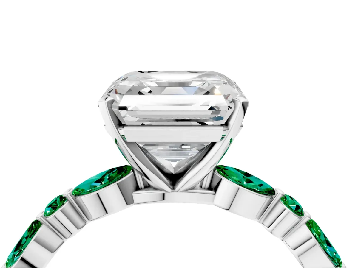 Asscher Cut Diamond Ring with Marquise and Round Emerald Side Stones and Four-Prong Setting Silver