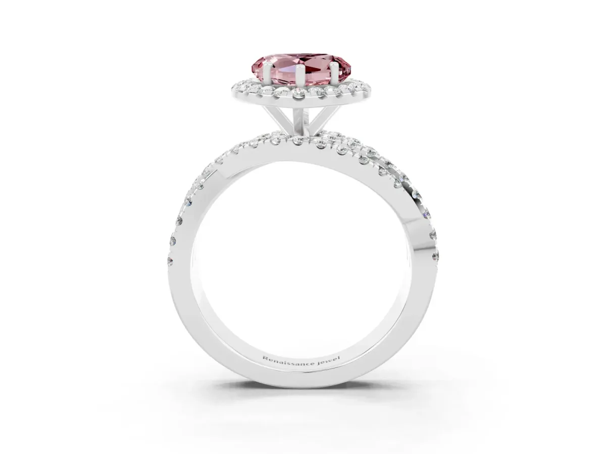 Heart Cut Morganite Halo Ring with Round Split Shank and Prong Setting Platinum