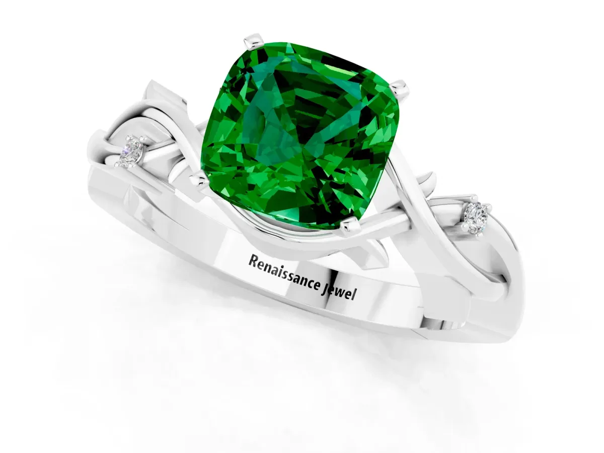 Cushion Cut Emerald Solitaire Ring with Twisted Band and Prong Setting Platinum
