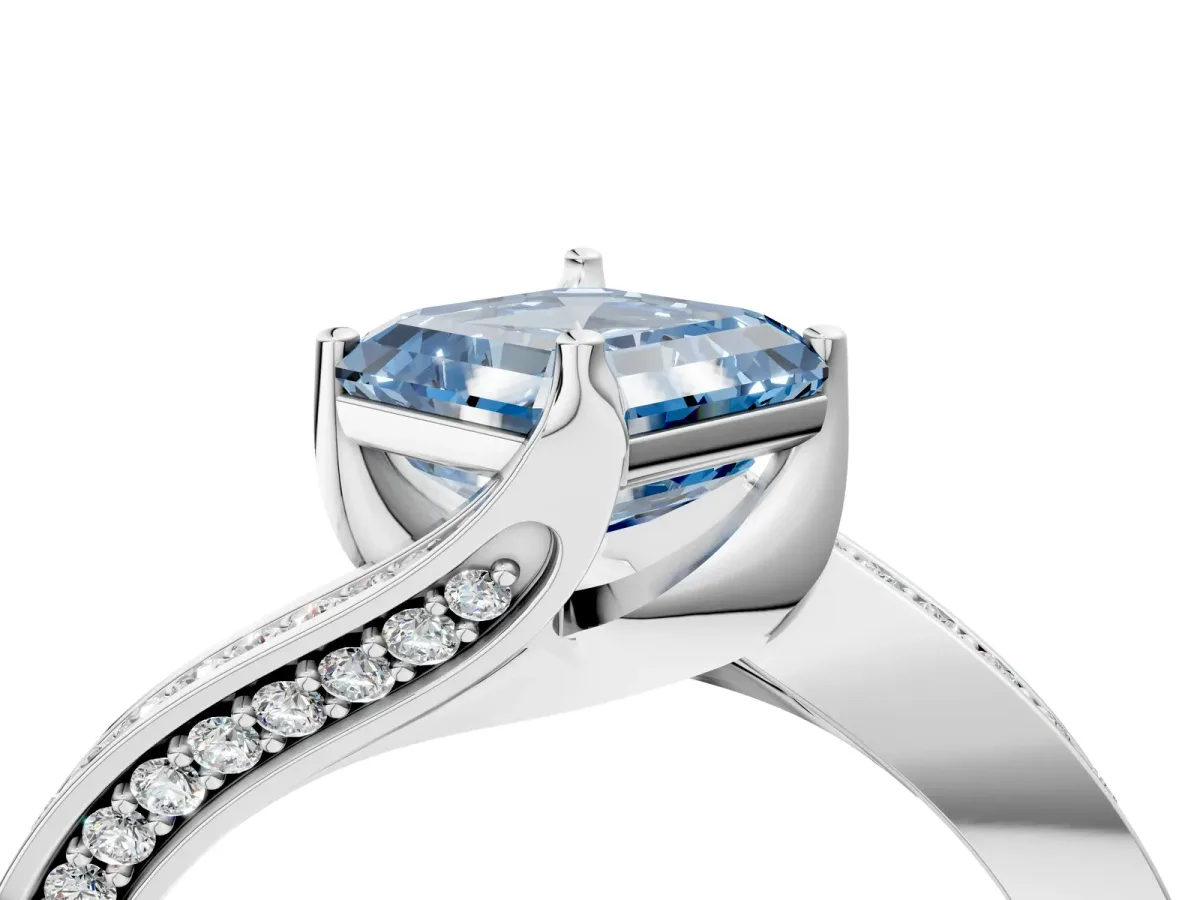 Fancy Blue Asscher Cut Solitaire Diamond Twist Band with Pavé Setting and Four-Prong Setting Platinum