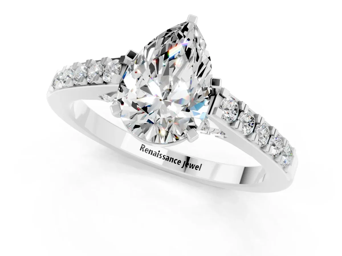 Pear Cut Moissanite Solitaire Ring with Crossover Gallery and Round Pavé Band Silver