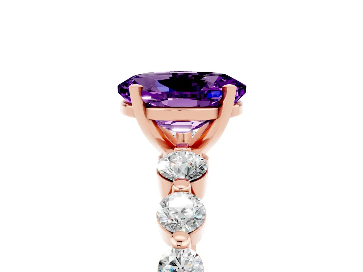 Oval Cut Solitaire Amethyst Ring with Pave Band and Four-Prong Setting Rose gold