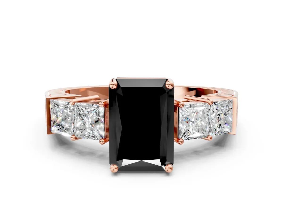 Fancy Black Radiant Cut Solitaire Princess Side Stone Engraved Band Prong Setting Ring Rose gold