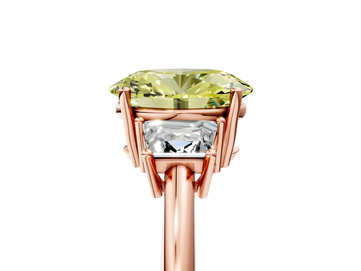 Fancy Yellow Oval Cut Diamond Three-Stone Ring with Trapezoid Side Stones and Prong Setting Rose gold