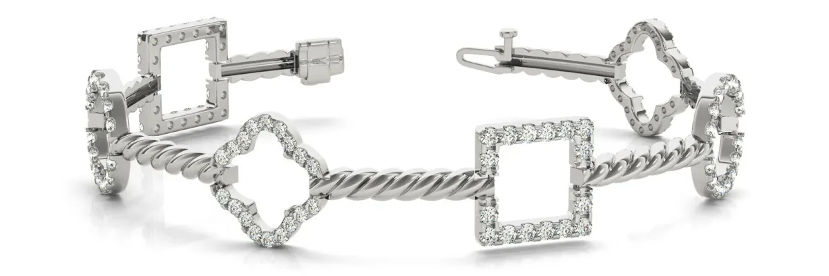 Square and Clover Diamond Pave Twisted Cable Bracelet White gold