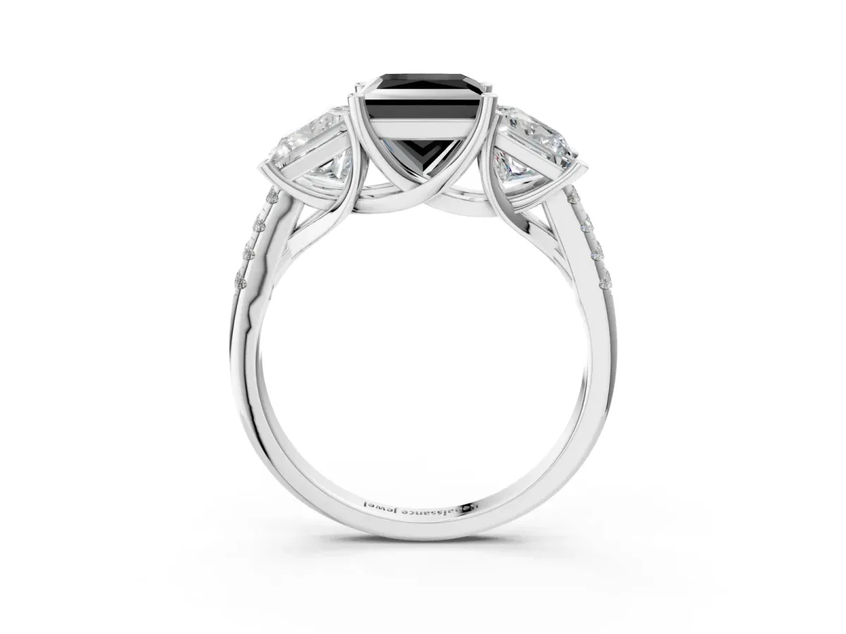 Fancy Black Three-Stone Princess Cut Diamond Ring with Round Pavé Band and Prong Setting Silver