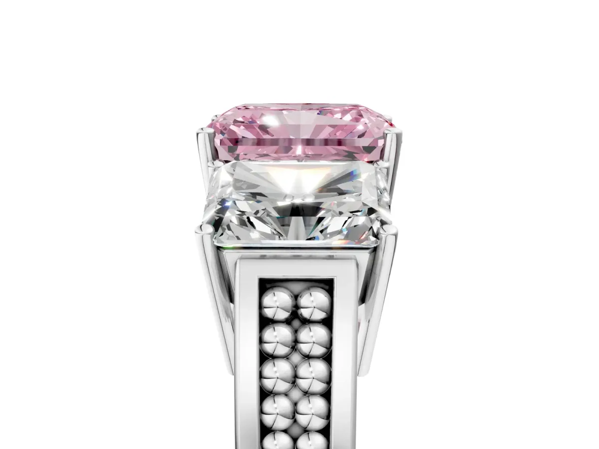 Fancy Pink Radiant Cut Diamond Three-Stone Ring with Prong Setting and Textured Band Platinum