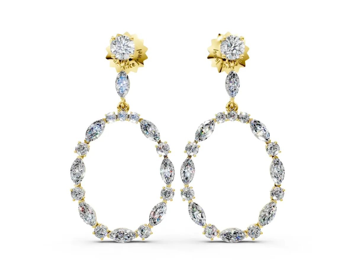 Round and Marquise Diamond Open Oval Drop Earrings Yellow gold